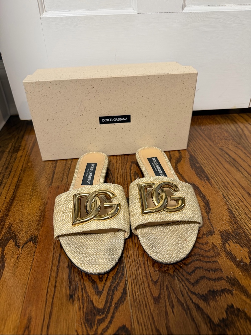 Dolce & Gabbana Metallic Gold DG Logo Braided Slide Sandals